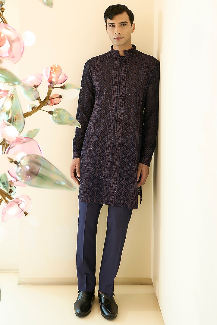 Dark Blue Georgette Sequin Work Kurta Set by Rabani & Rakha Men at Pernia's Pop Up Shop