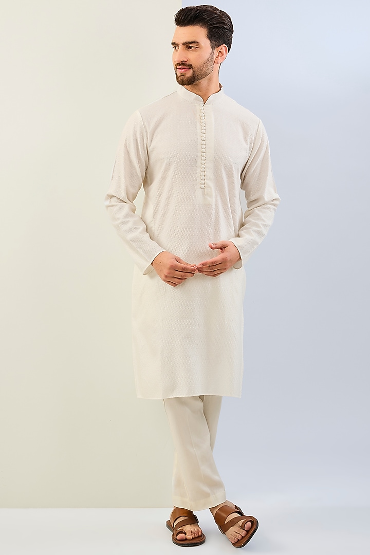 Off-White Georgette Thread Embroidered Bundi Jacket Set by Rabani & Rakha Men at Pernia's Pop Up Shop