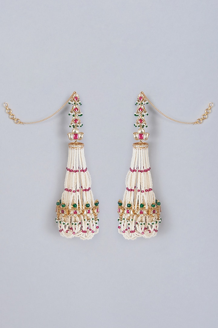 Gold Finish Ruby Synthetic Stone jhoomar Earrings by Raabta By Rahul at Pernia's Pop Up Shop