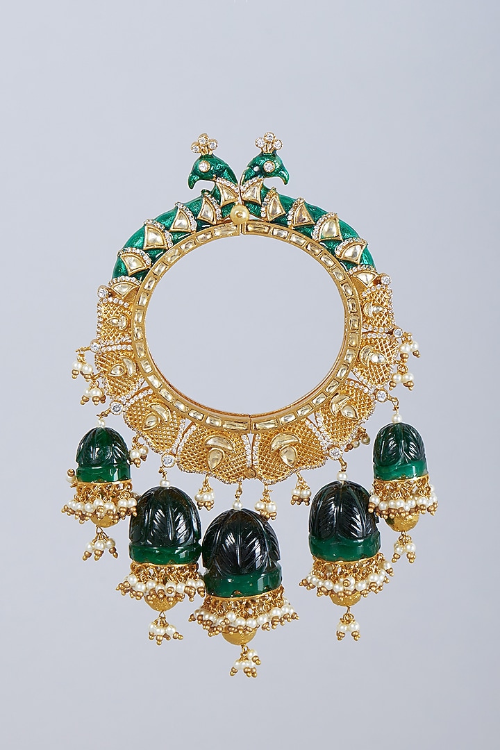 Gold Finish Peacock Bangle With Green Meenakari by Raabta By Rahul at Pernia's Pop Up Shop