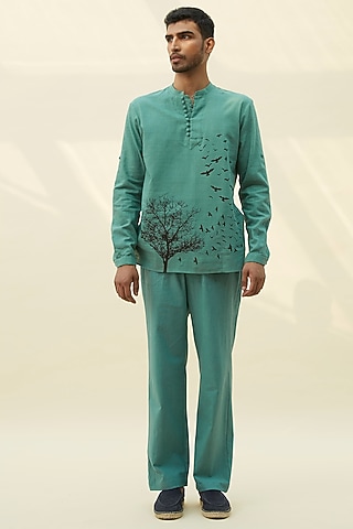 Sea Green Block Printed Tunic Shirt by Rivil Civil By Arun