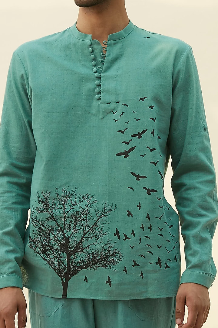 Sea Green Block Printed Tunic Summer Shirt by Rivil Civil By Arun at Pernia's Pop Up Shop