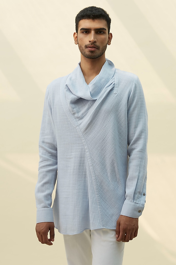 Ice Blue Handloom Khadi Tunic Shirt by Rivil Civil By Arun at Pernia's Pop Up Shop