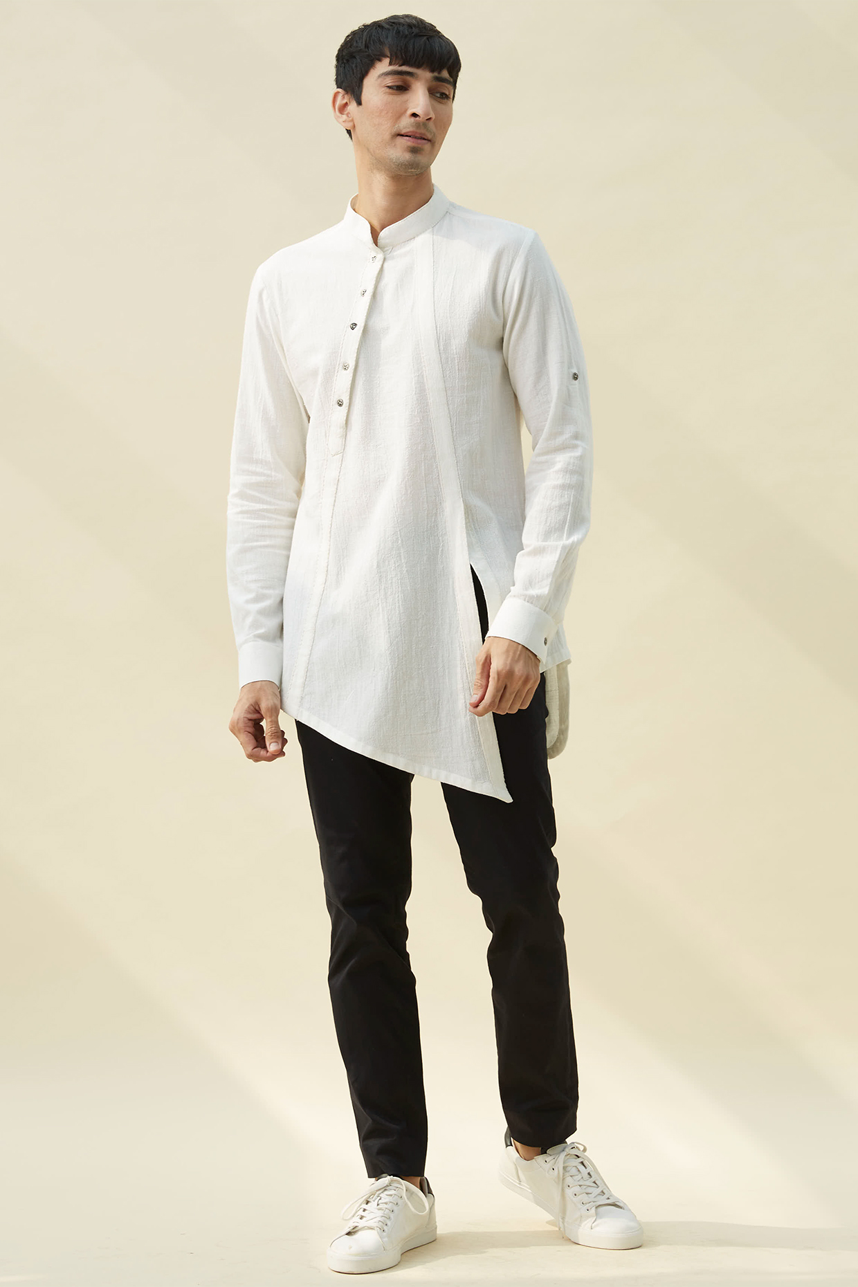 White Handloom Khadi Slant Kurta by Rivil Civil By Arun