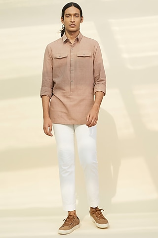 Brown Handloom Khadi Tunic Shirt by Rivil Civil By Arun