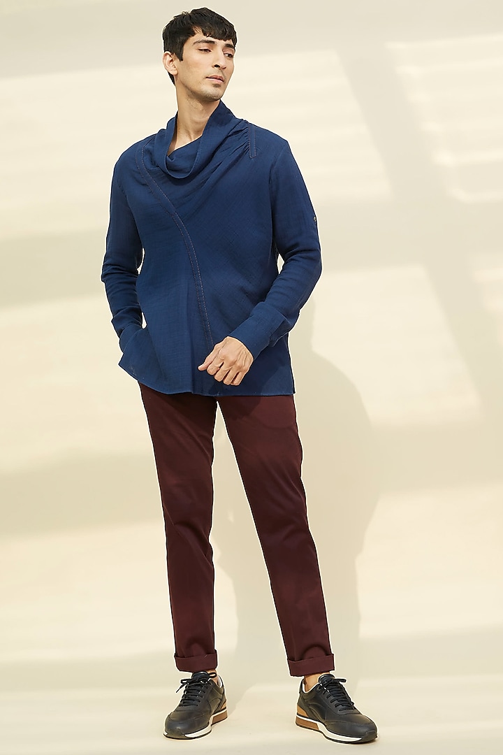 Navy Blue Cowl Neck Tunic Shirt by Rivil Civil By Arun