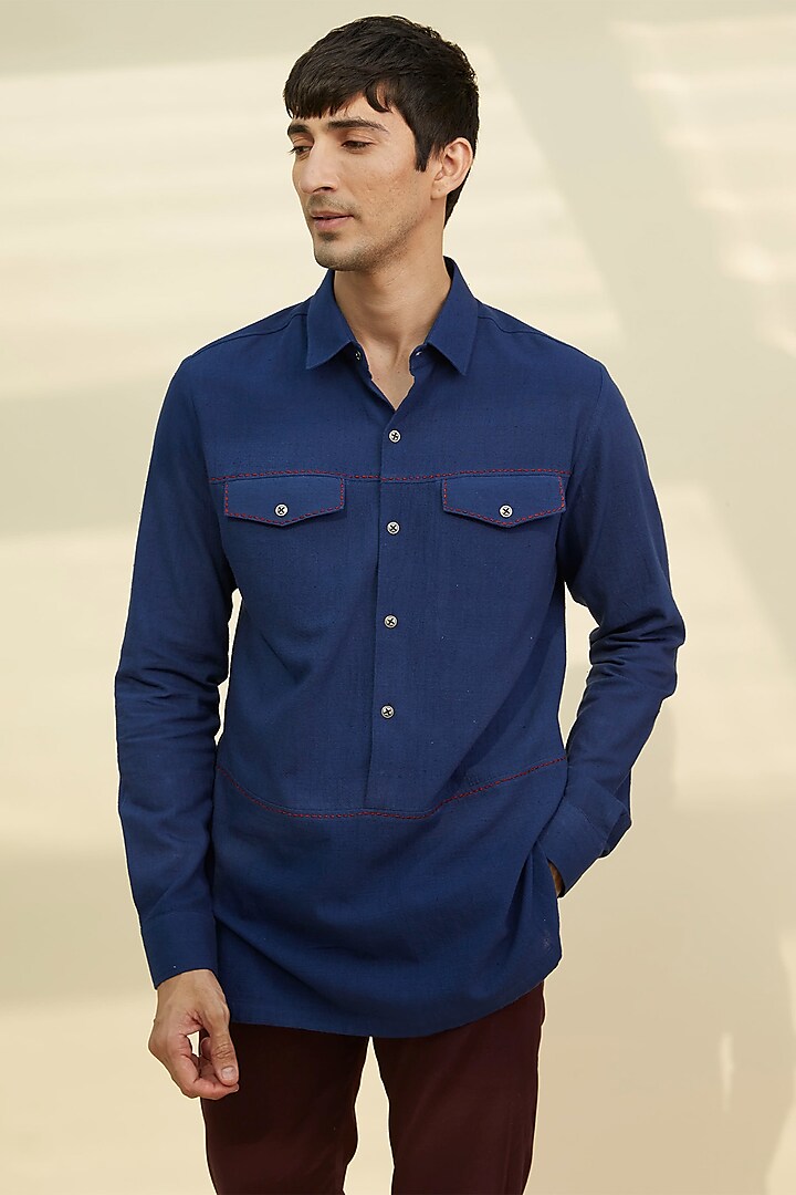 Navy Blue Handloom Khadi Tunic Shirt by Rivil Civil By Arun