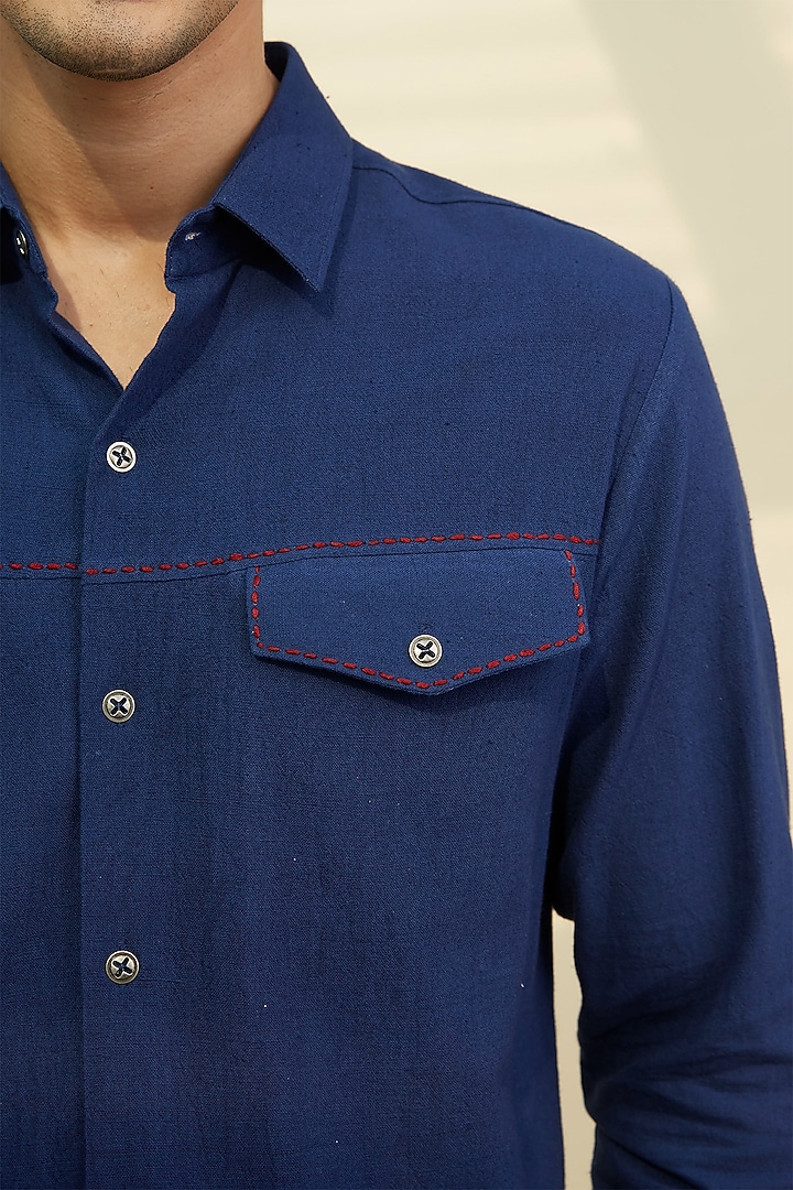 Navy Blue Handloom Khadi Tunic Summer Shirt by Rivil Civil By Arun at Pernia's Pop Up Shop