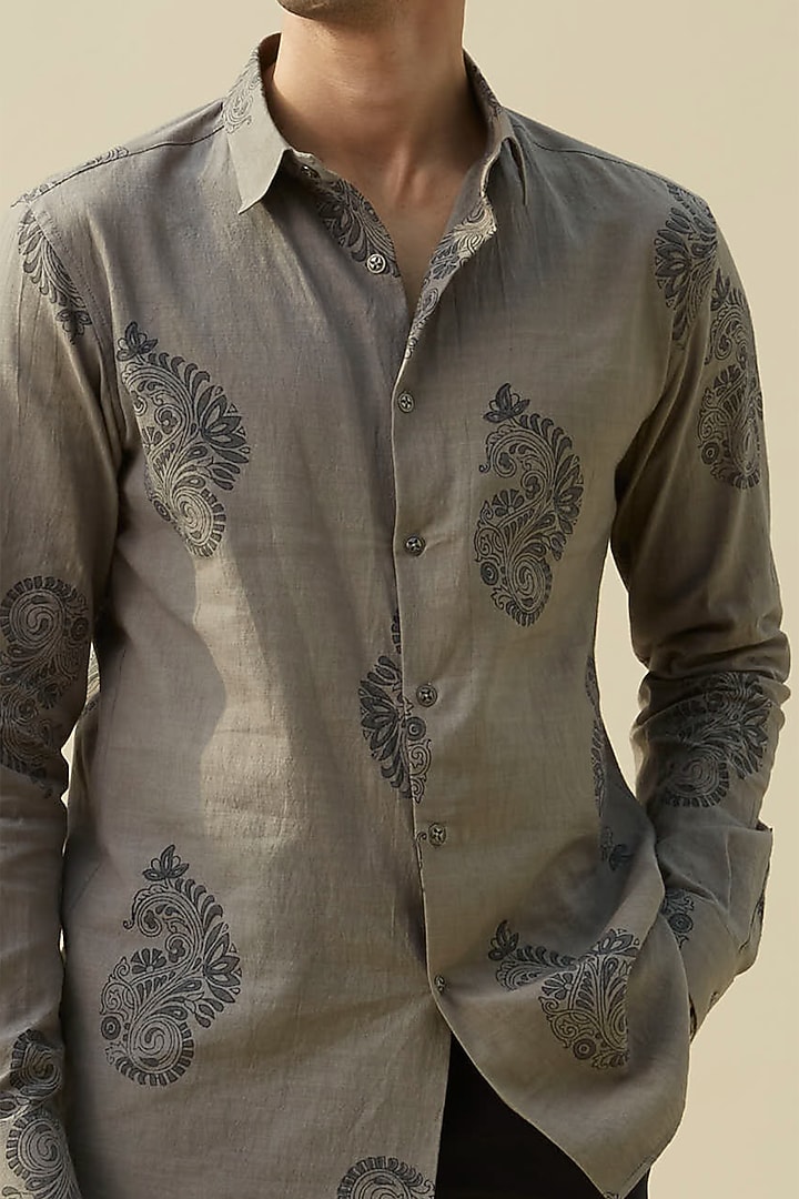 Grey Block Printed Summer Shirt by Rivil Civil By Arun at Pernia's Pop Up Shop