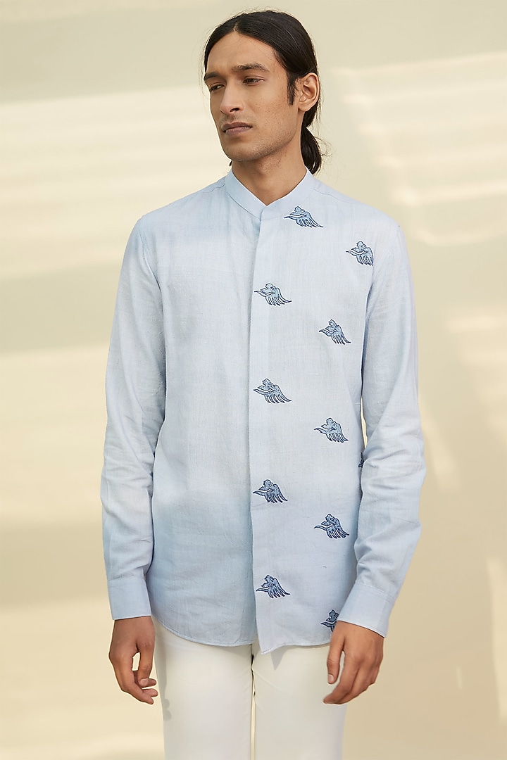 Ice Blue Embroidered Summer Shirt by Rivil Civil By Arun at Pernia's Pop Up Shop