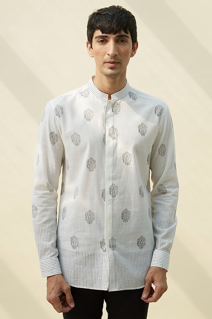 White Block Printed Summer Shirt by Rivil Civil By Arun at Pernia's Pop Up Shop