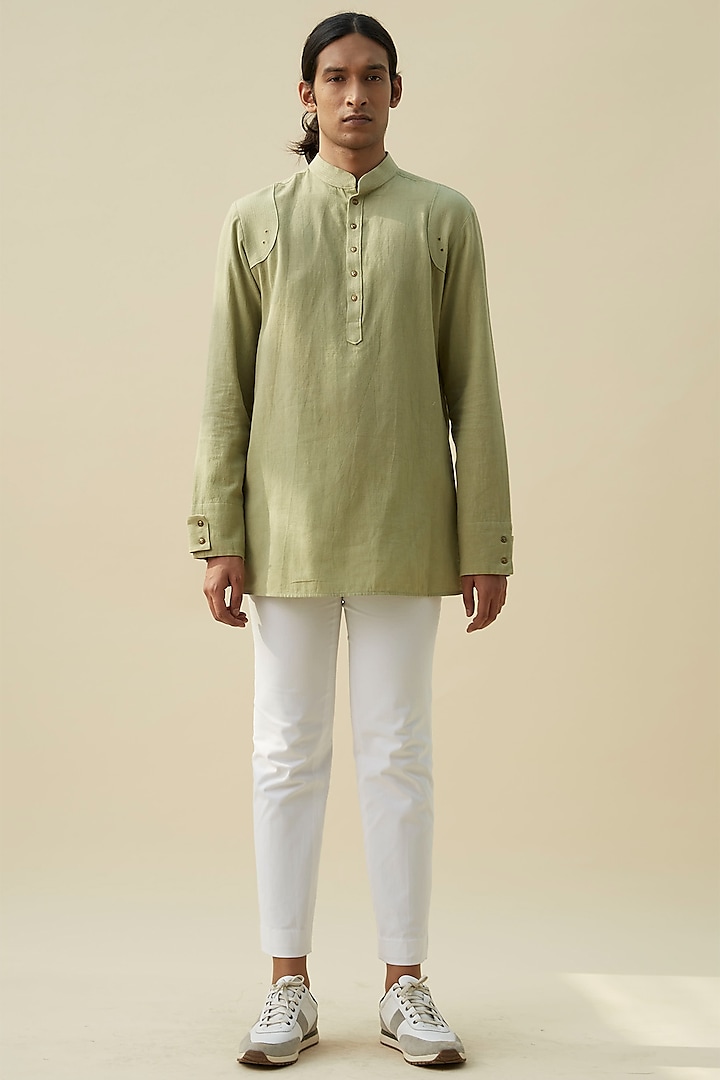 Green Handloom Khadi Short Kurta by Rivil Civil By Arun