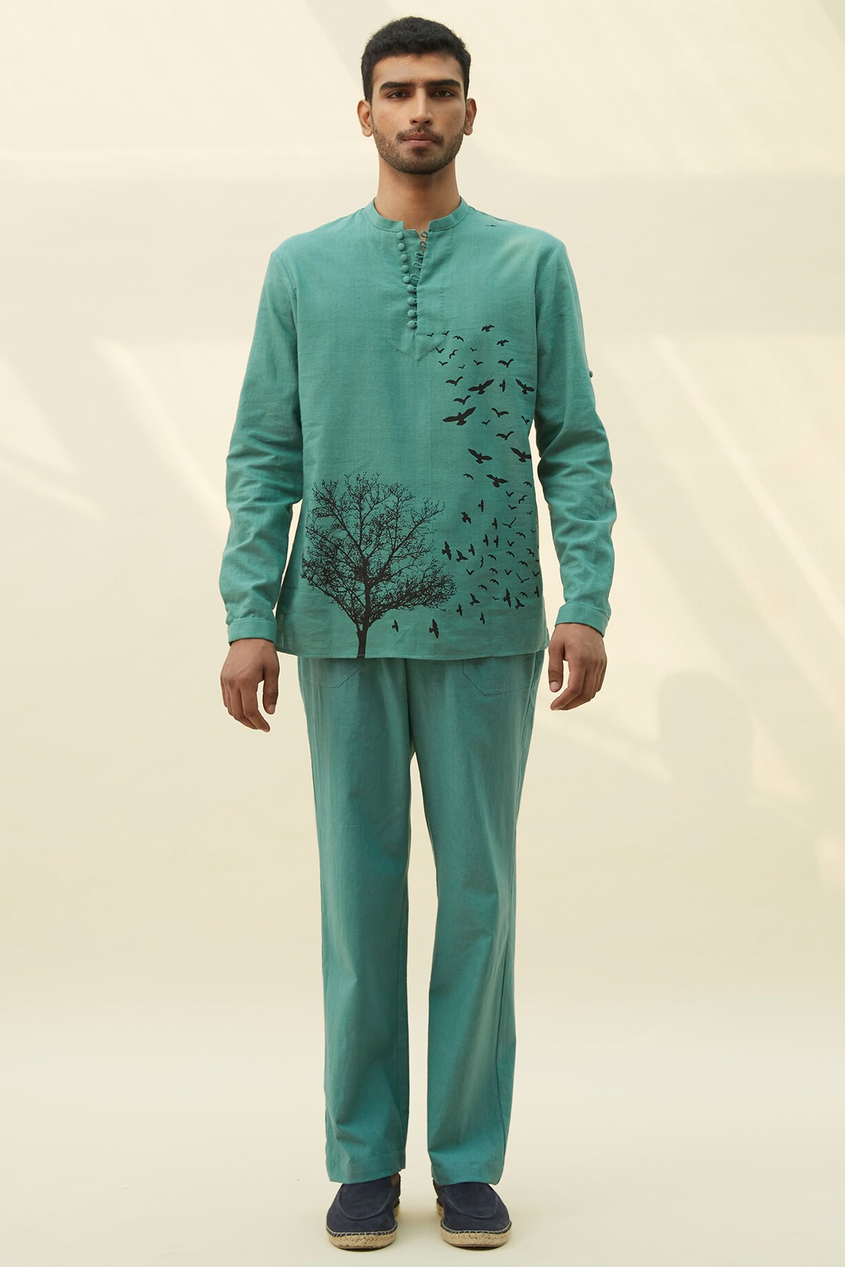 Sage Green Handloom Khadi Pant Set by Rivil Civil By Arun