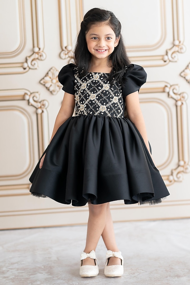 Black Bridal Satin Gold Embroidered Dress For Girls by Ruchikalathlabel at Pernia's Pop Up Shop