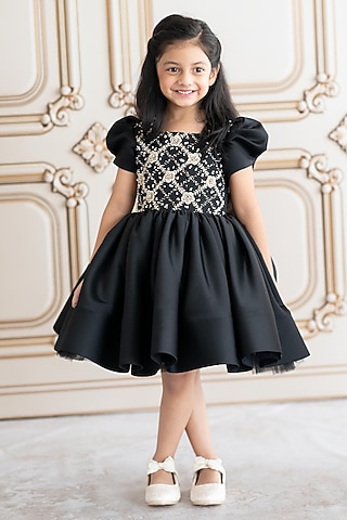 Black Bridal Satin Gold Embroidered Dress For Girls by Ruchikalathlabel