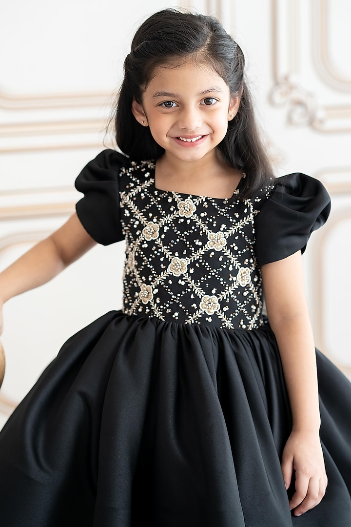 Black Bridal Satin Gold Embroidered Dress For Girls by Ruchikalathlabel at Pernia's Pop Up Shop