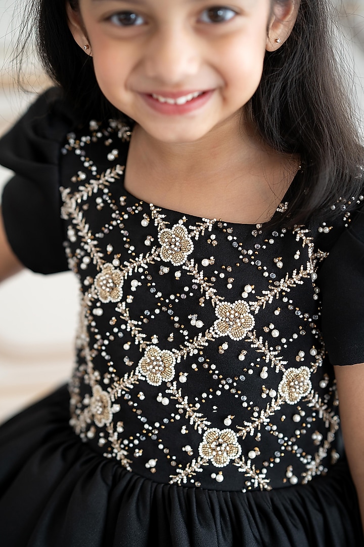 Black Bridal Satin Gold Embroidered Dress For Girls by Ruchikalathlabel at Pernia's Pop Up Shop