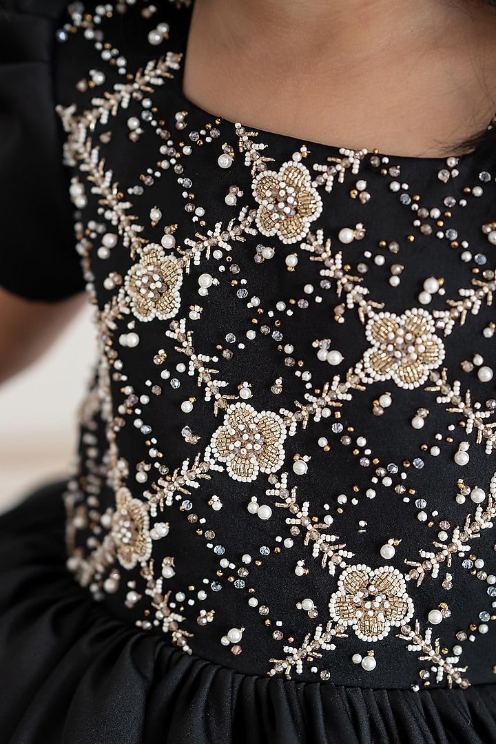 Black Bridal Satin Gold Embroidered Dress For Girls by Ruchikalathlabel at Pernia's Pop Up Shop