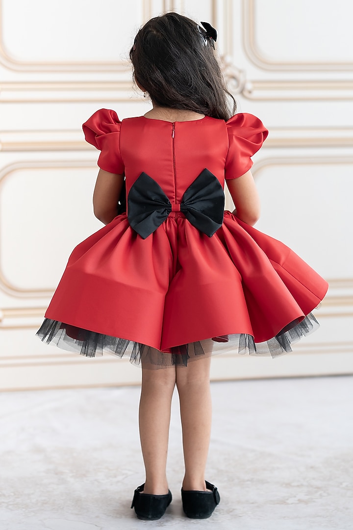 Red Bridal Satin & Soft Net 3D Floral Embroidered Dress For Girls by Ruchikalathlabel at Pernia's Pop Up Shop