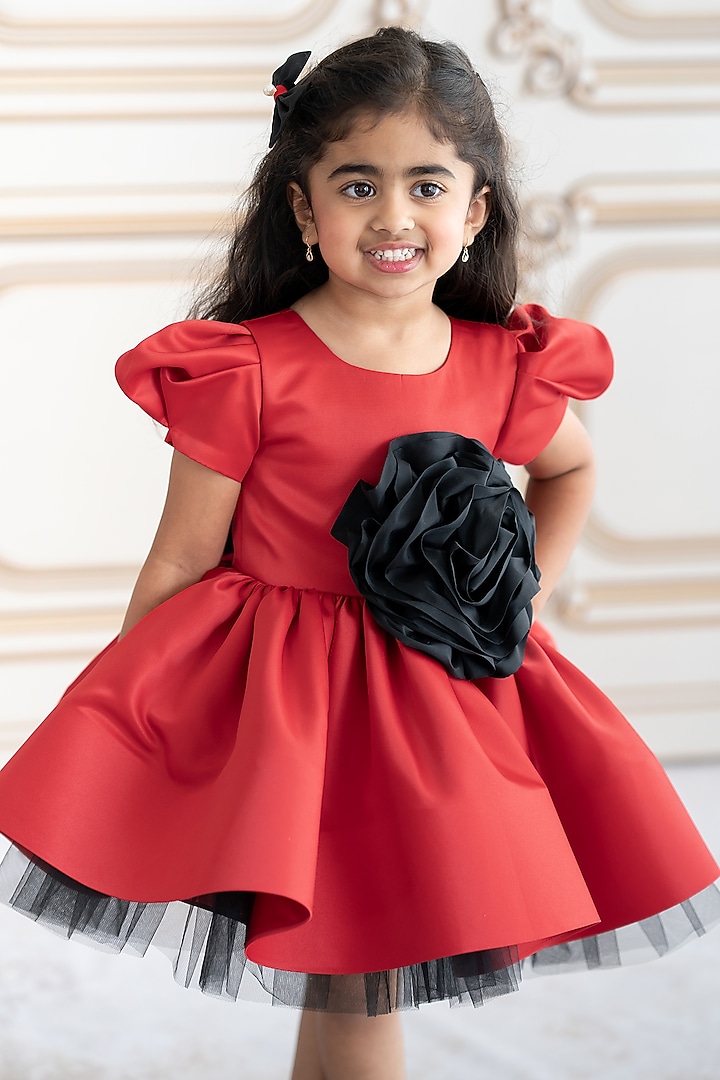 Red Bridal Satin & Soft Net 3D Floral Embroidered Dress For Girls by Ruchikalathlabel at Pernia's Pop Up Shop