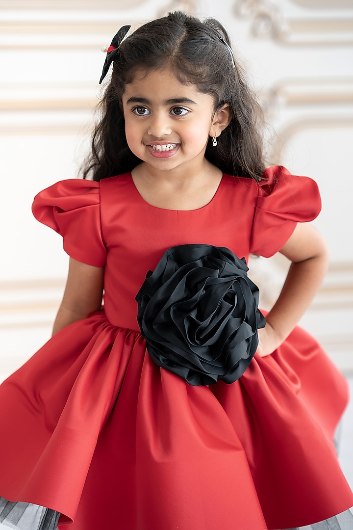 Red Bridal Satin & Soft Net 3D Floral Embroidered Dress For Girls by Ruchikalathlabel at Pernia's Pop Up Shop