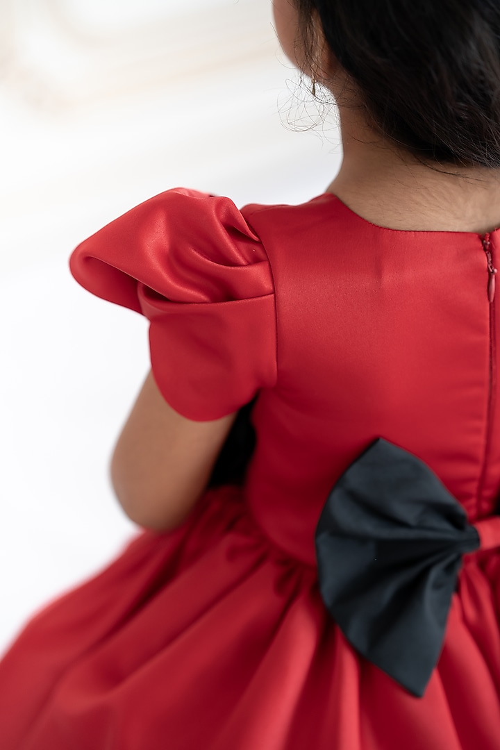 Red Bridal Satin & Soft Net 3D Floral Embroidered Dress For Girls by Ruchikalathlabel at Pernia's Pop Up Shop