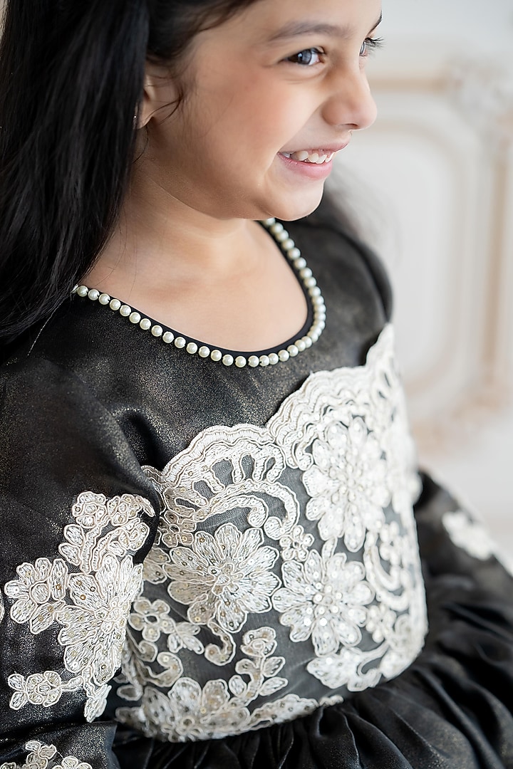 Black Shimmer Organza Pearl Work Gown For Girls by Ruchikalathlabel at Pernia's Pop Up Shop