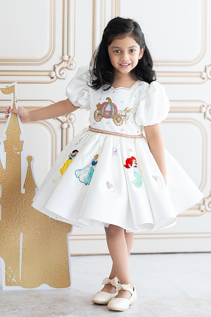 Off-White Bridal Satin Hand Embroidered Dress For Girls by Ruchikalathlabel at Pernia's Pop Up Shop