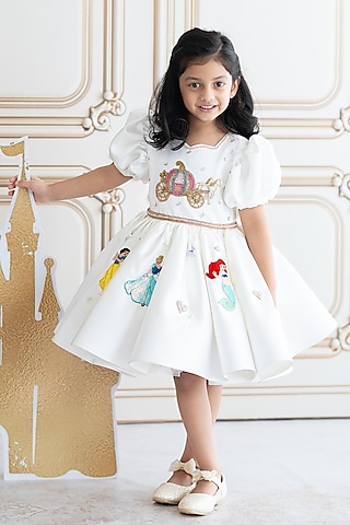 Off-White Bridal Satin Hand Embroidered Dress For Girls by Ruchikalathlabel