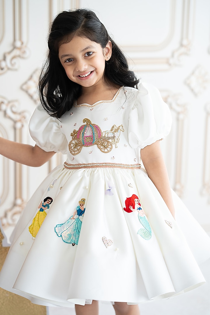 Off-White Bridal Satin Hand Embroidered Dress For Girls by Ruchikalathlabel at Pernia's Pop Up Shop