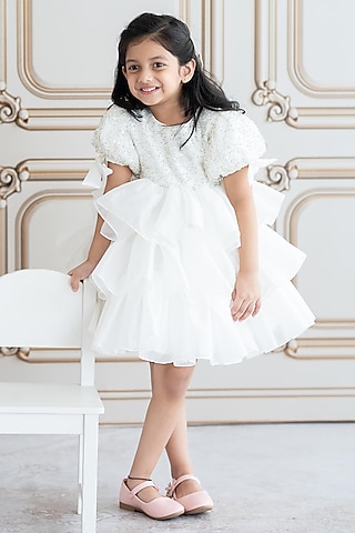 Off-White Soft Net & Butter Organza Hand Embroidered Dress For Girls by Ruchikalathlabel