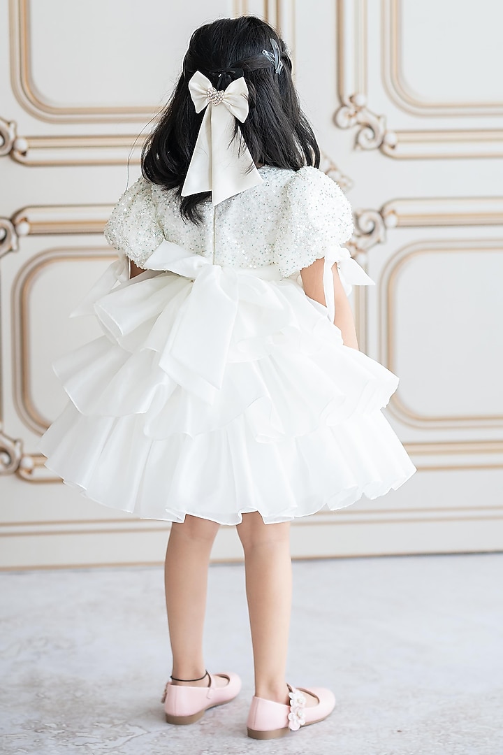 Off-White Soft Net & Butter Organza Hand Embroidered Dress For Girls by Ruchikalathlabel at Pernia's Pop Up Shop