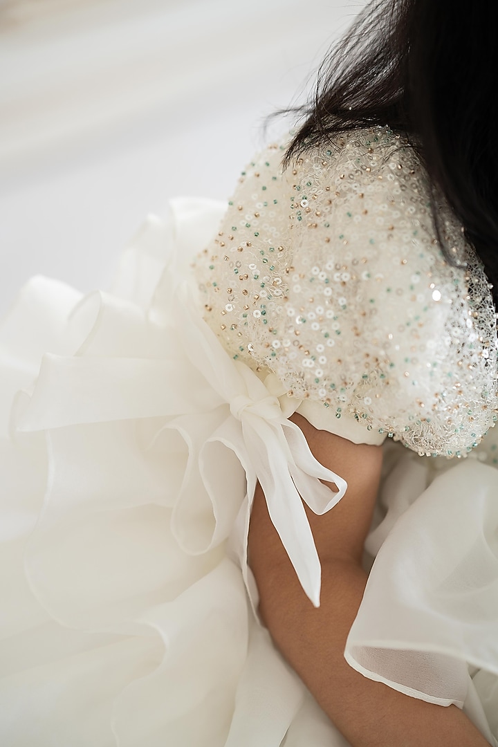 Off-White Soft Net & Butter Organza Hand Embroidered Dress For Girls by Ruchikalathlabel at Pernia's Pop Up Shop