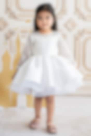 Off-White Soft Net & Butter Organza Cutdana Embroidered Dress For Girls by Ruchikalathlabel at Pernia's Pop Up Shop