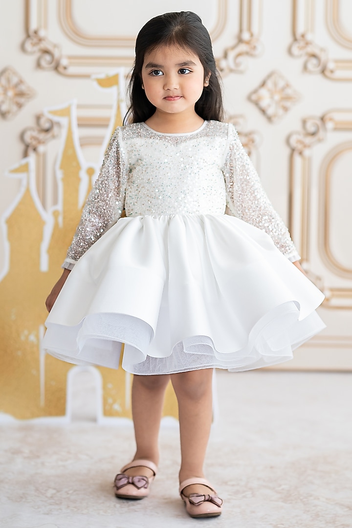 Off-White Soft Net & Butter Organza Cutdana Embroidered Dress For Girls by Ruchikalathlabel at Pernia's Pop Up Shop