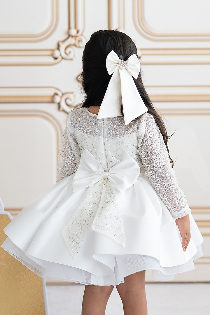 Off-White Soft Net & Butter Organza Cutdana Embroidered Dress For Girls by Ruchikalathlabel at Pernia's Pop Up Shop