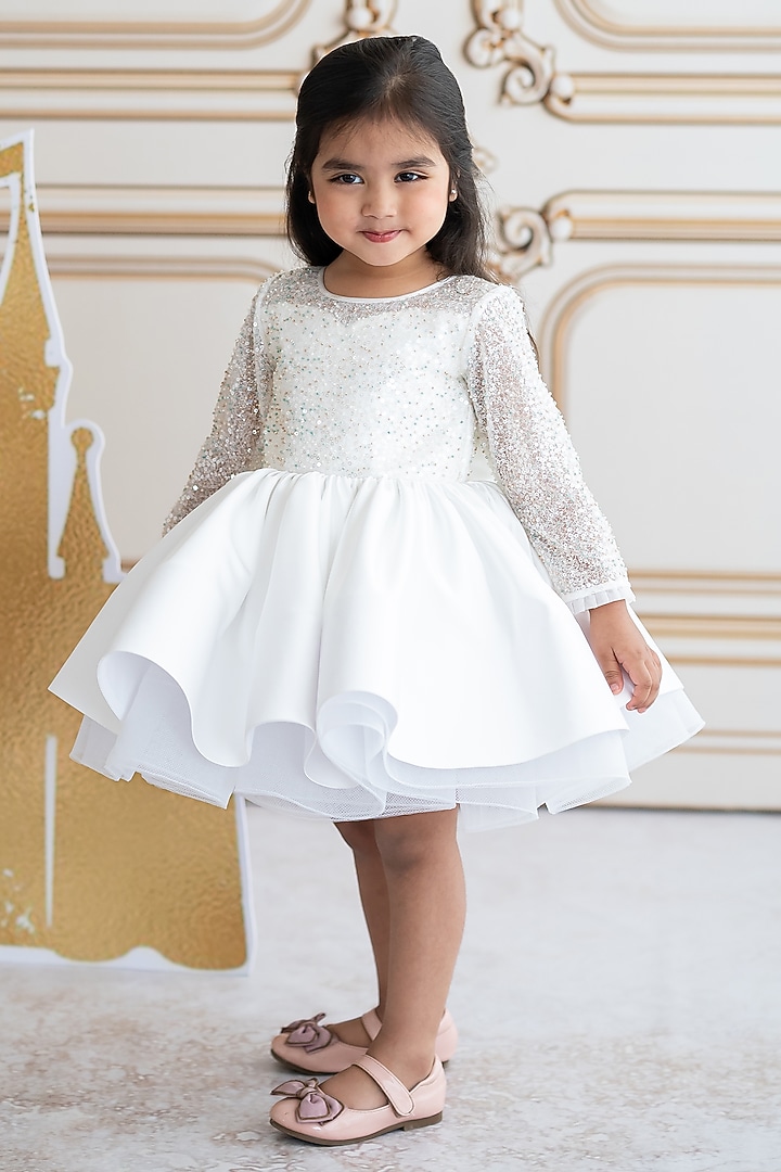 Off-White Soft Net & Butter Organza Cutdana Embroidered Dress For Girls by Ruchikalathlabel at Pernia's Pop Up Shop