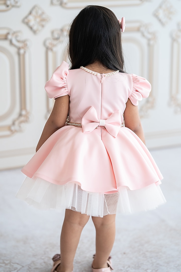Peach Scuba & Neoprene Hand Embroidered Dress For Girls by Ruchikalathlabel at Pernia's Pop Up Shop