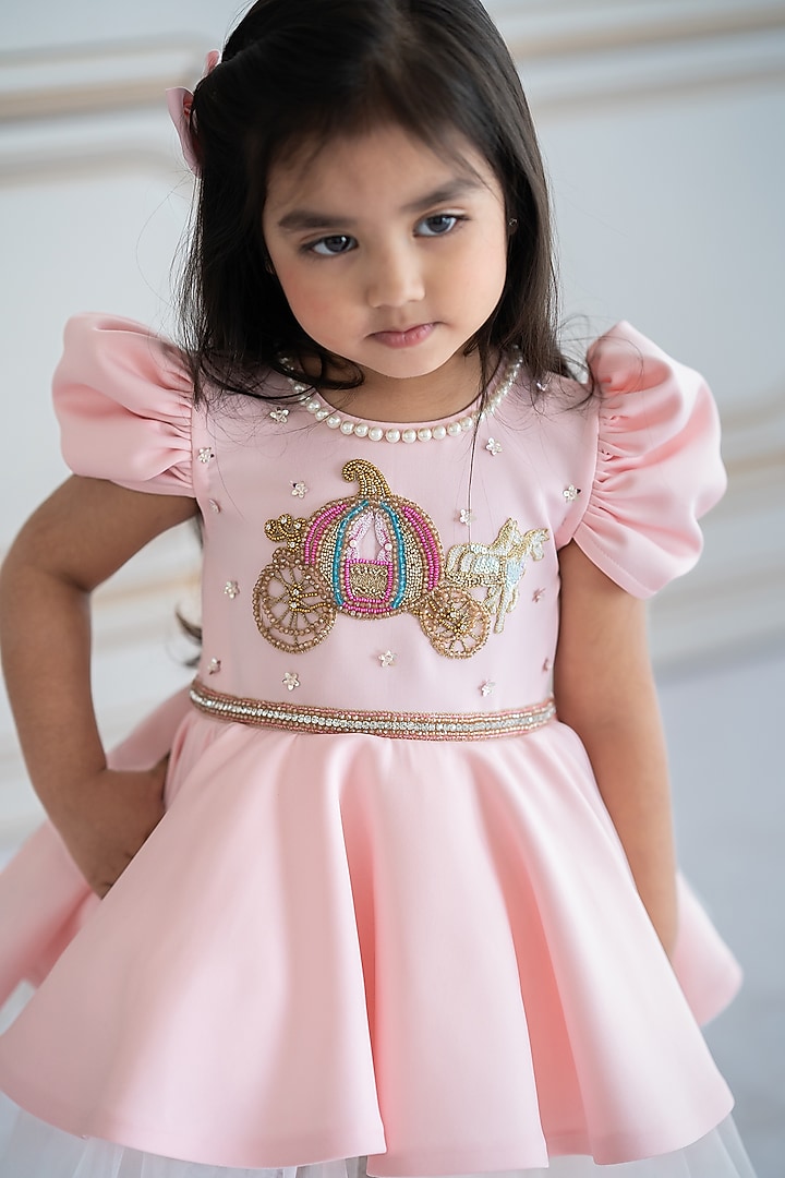 Peach Scuba & Neoprene Hand Embroidered Dress For Girls by Ruchikalathlabel at Pernia's Pop Up Shop