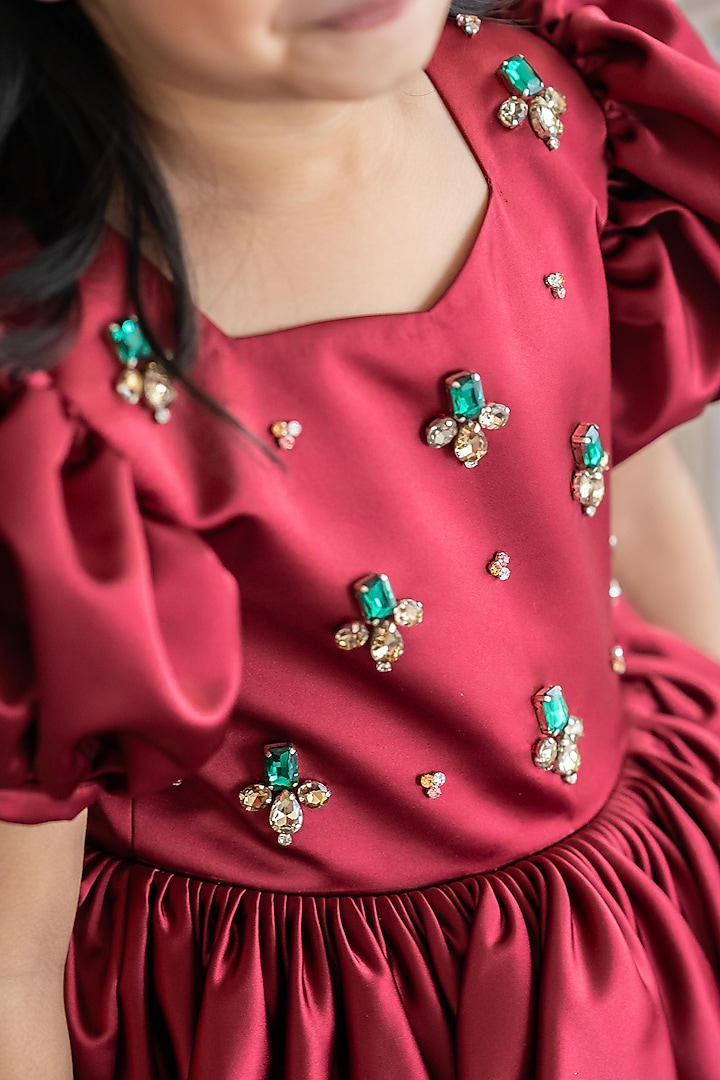 Maroon Bridal Satin Crystal Stone Embroidered Dress For Girls by Ruchikalathlabel at Pernia's Pop Up Shop