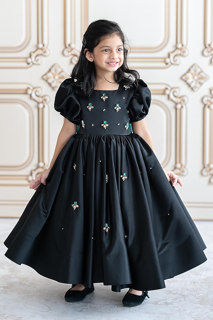 Black Bridal Satin Crystal Embroidered Gown For Girls by Ruchikalathlabel at Pernia's Pop Up Shop