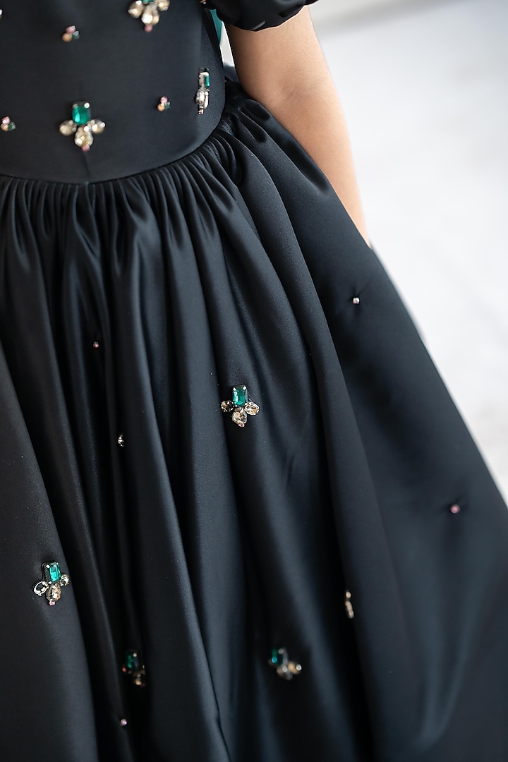 Black Bridal Satin Crystal Embroidered Gown For Girls by Ruchikalathlabel at Pernia's Pop Up Shop