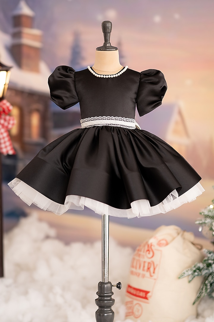 Black Bridal Satin Pearl Work Dress For Girls by Ruchikalathlabel at Pernia's Pop Up Shop