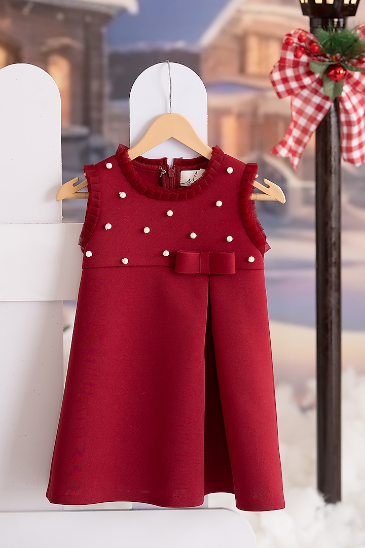 Red Scuba & Neoprene Applique Embroidered Dress For Girls by Ruchikalathlabel at Pernia's Pop Up Shop