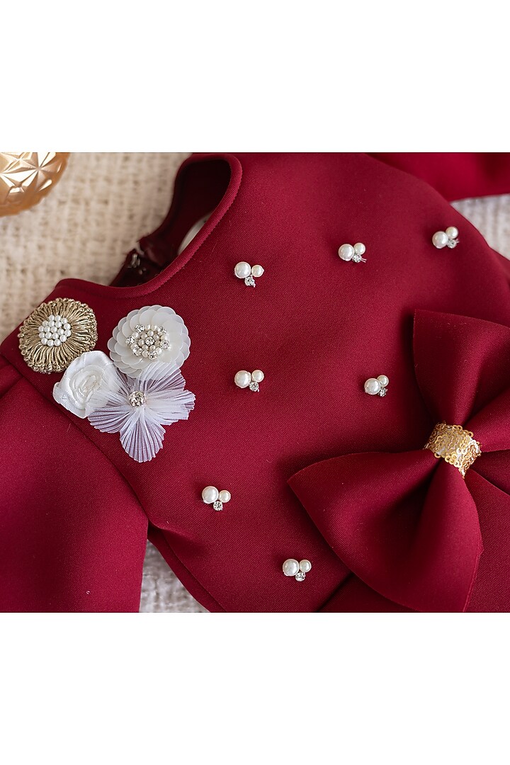 Maroon Scuba & Neoprene Hand Embroidered Dress For Girls by Ruchikalathlabel at Pernia's Pop Up Shop