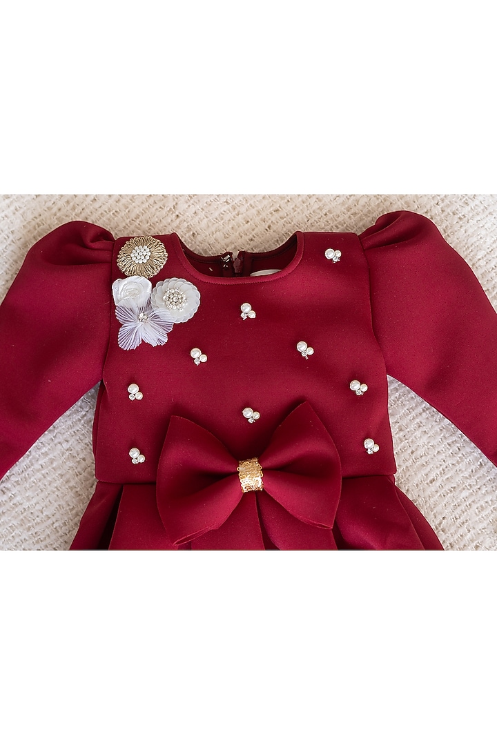 Maroon Scuba & Neoprene Hand Embroidered Dress For Girls by Ruchikalathlabel at Pernia's Pop Up Shop