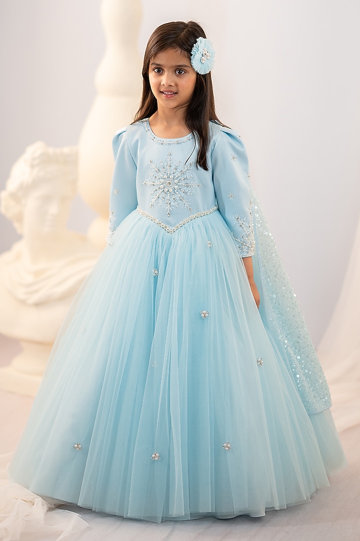 Blue Satin & Tulle Embroidered Gown For Girls by Ruchikalathlabel at Pernia's Pop Up Shop