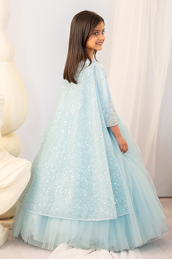 Blue Satin & Tulle Embroidered Gown For Girls by Ruchikalathlabel at Pernia's Pop Up Shop