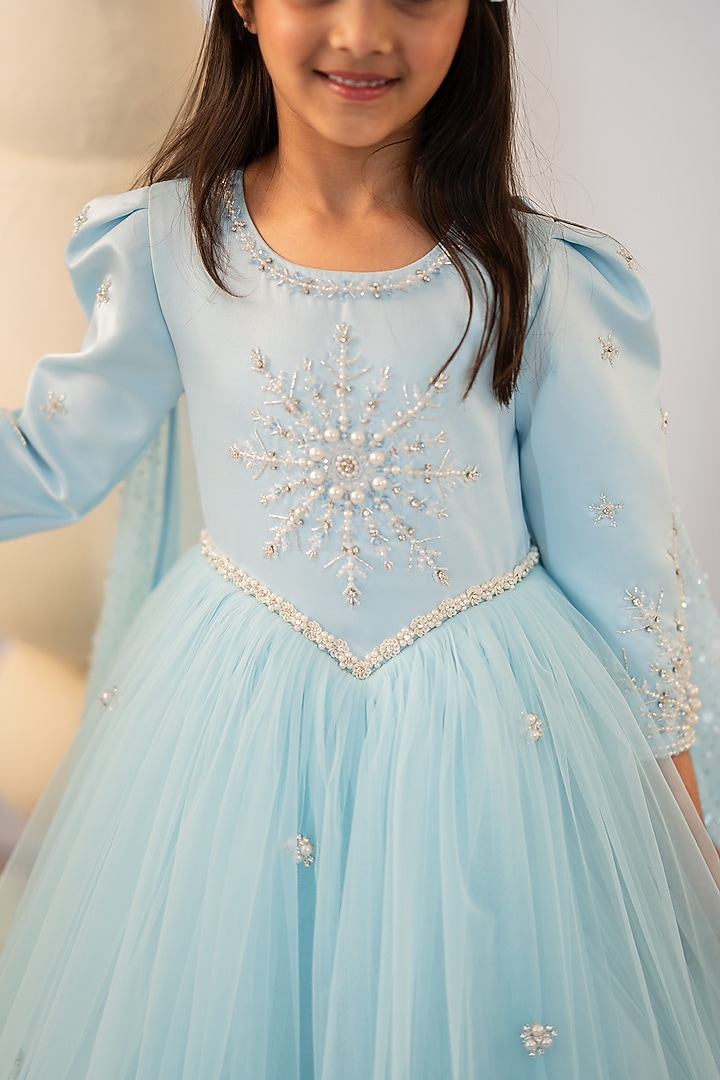 Blue Satin & Tulle Embroidered Gown For Girls by Ruchikalathlabel at Pernia's Pop Up Shop