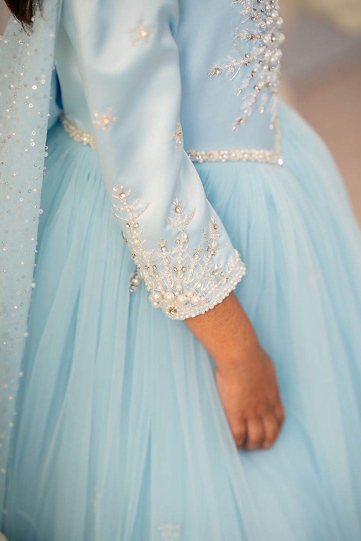 Blue Satin & Tulle Embroidered Gown For Girls by Ruchikalathlabel at Pernia's Pop Up Shop